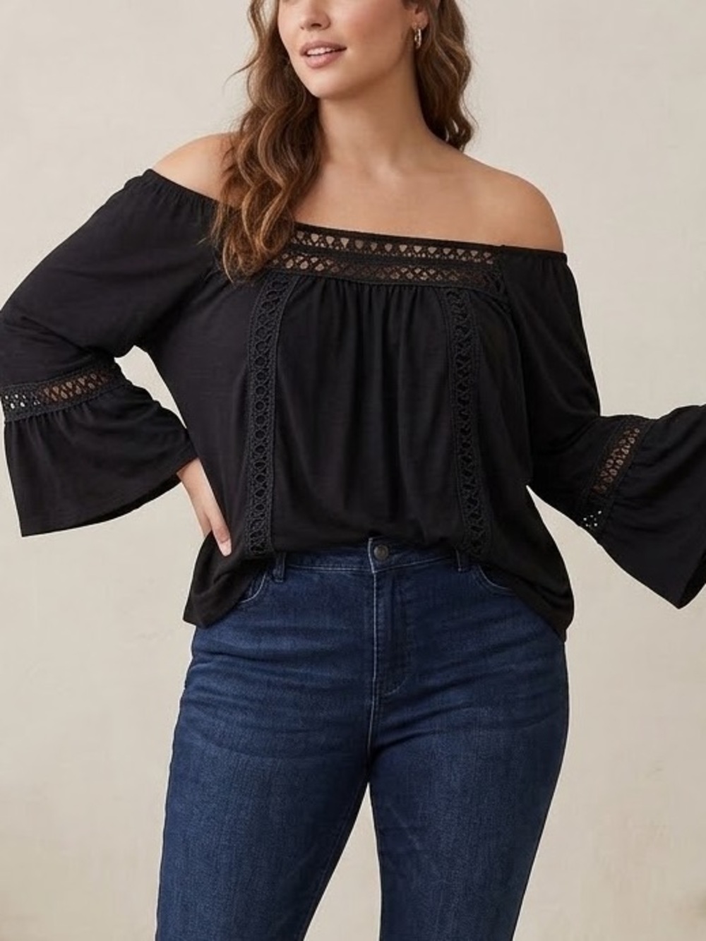 Absolutely Famous Black Crochet-Trim Peasant Blouse